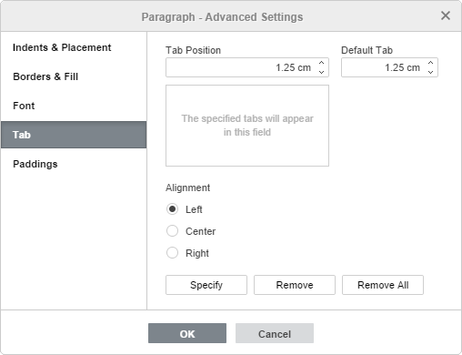 Paragraph Properties - Tab tab