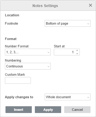 Footnotes Settings window
