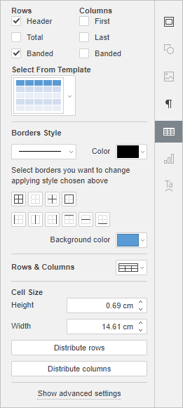 Table settings tab