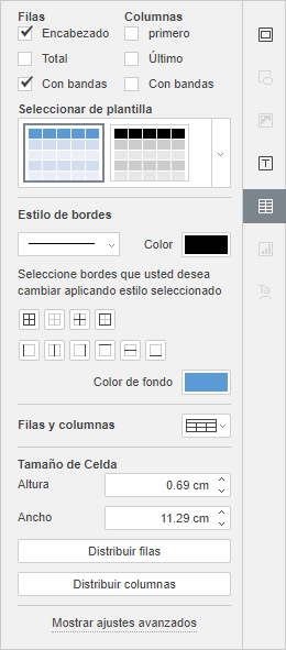 Pestaña Ajustes de tablas