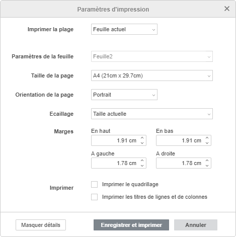 fenêtre Paramètres d'impression