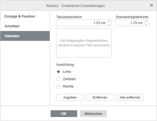 Absatzeigenschaften - Registerkarte Tabulator