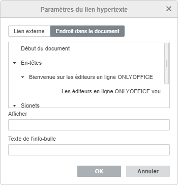 Fenêtre Paramètres de lien hypertexte