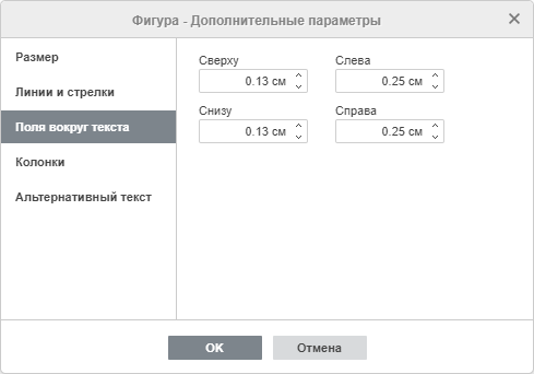 Свойства фигуры - вкладка Поля вокруг текста