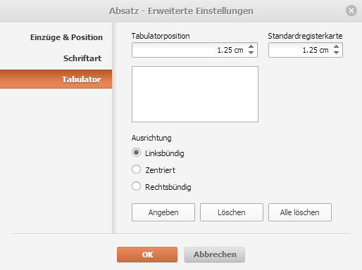 Eigenschaften des Absatzes - Registerkarte Tabulator