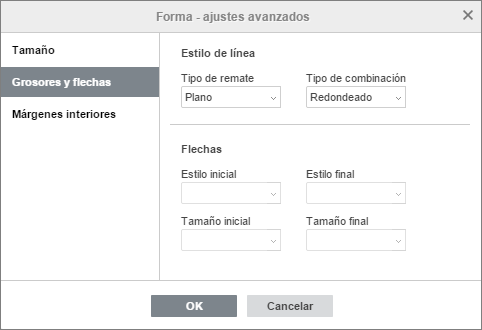 Propiedades de forma - pestaña grosores y flechas