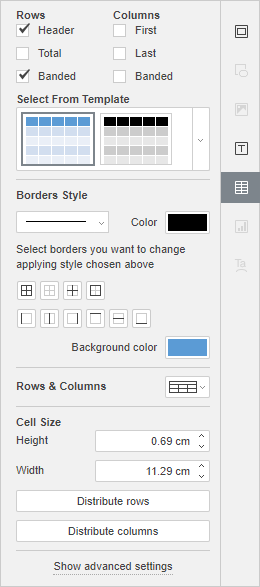 Table settings tab