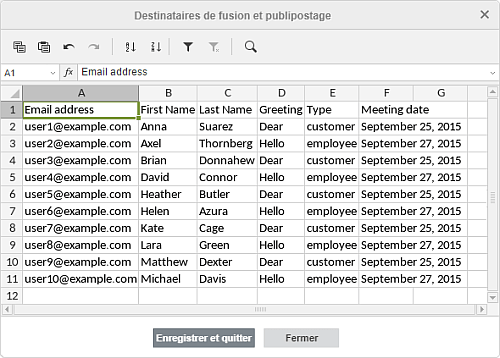 Fenêtre Fusionner les destinataires