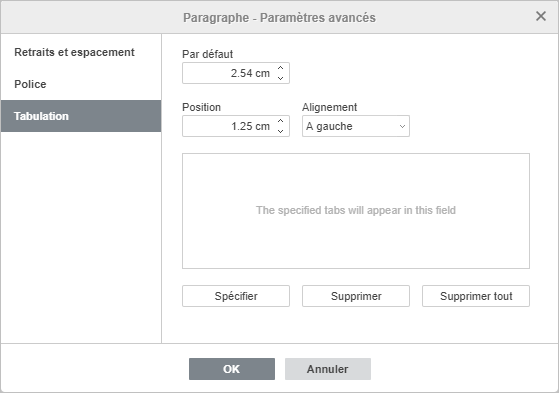 Paramètres du paragraphe - l'onglet Tabulation