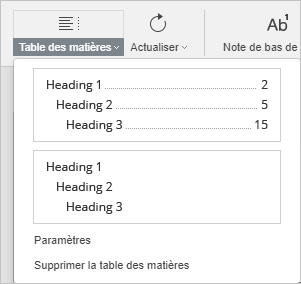 Options de la table des matières