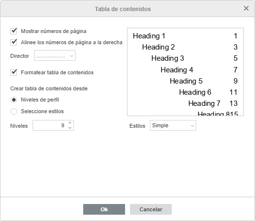 Ventana de Ajustes de la Tabla de Contenidos