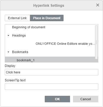 Hyperlink Settings window