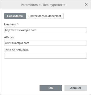 Fenêtre Paramètres du lien hypertexte