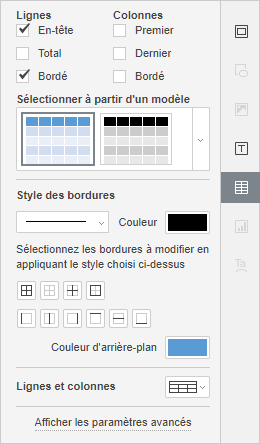 Onglet Paramètres du tableau