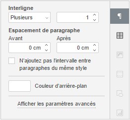 Barre latérale droite - Paramètres du paragraphe