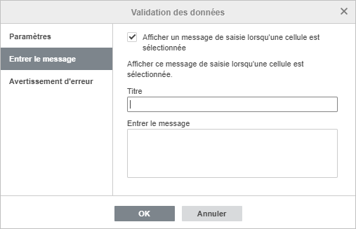 Validation des données - Paramètres de message de saisie