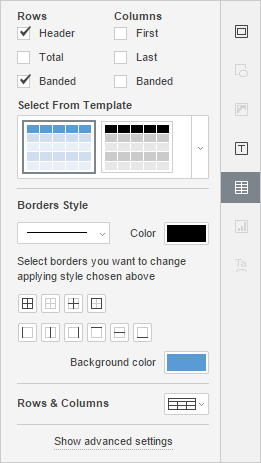 Table settings tab