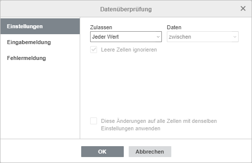 Datenüberprüfung - Einstellungen