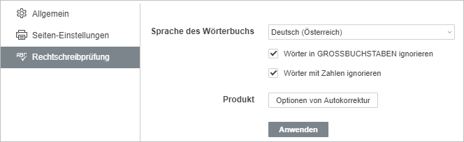 Einstellungen der Rechtschreibprüfung