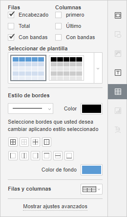 Pestaña Ajustes de tablas