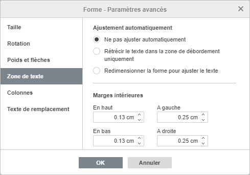Paramètres de la forme - onglet Marge de texte