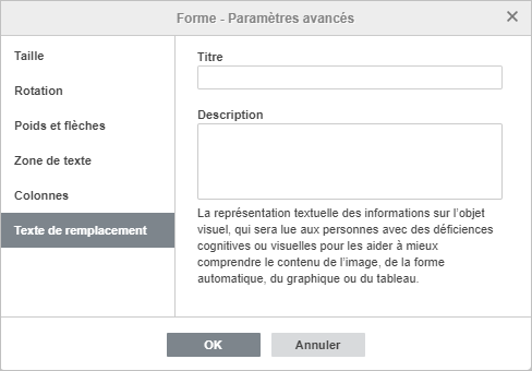 Paramètres de la forme - onglet Texte alternatif