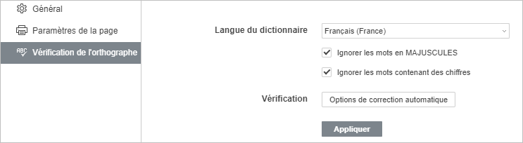 Paramètres de vérification de l’orthographe