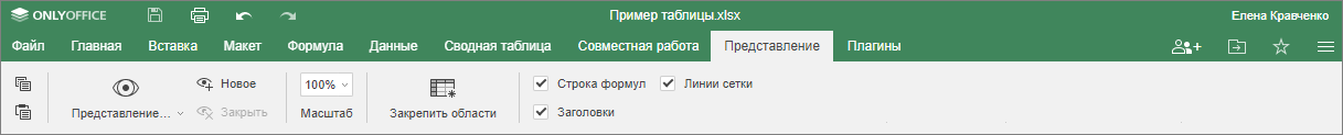 Вкладка Представление
