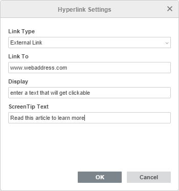 Hyperlink Settings window