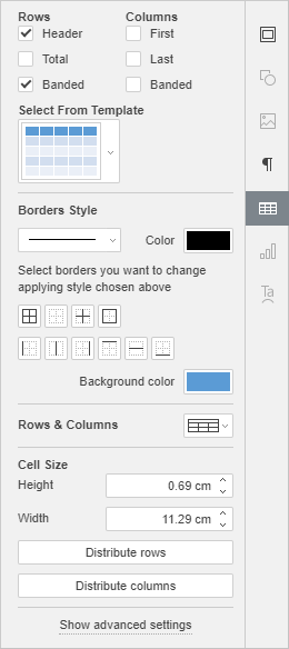 Table settings tab