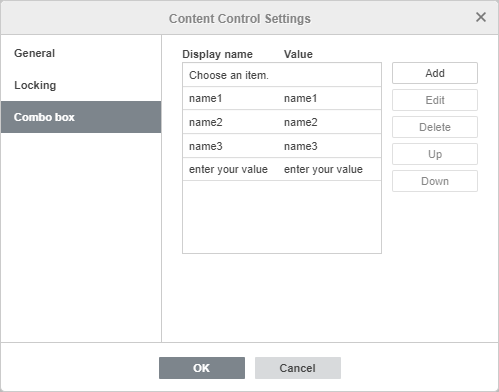 Combo box settings window