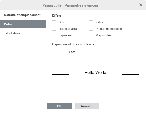 Paramètres du paragraphe - onglet Police