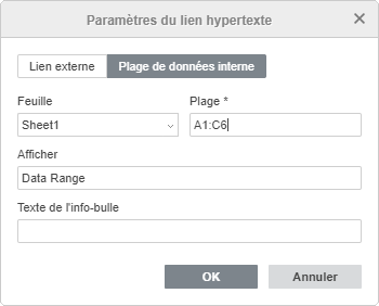 Fenêtre Paramètres de lien hypertexte