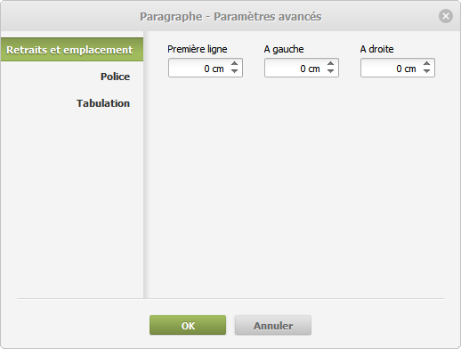 Paramètres du paragraphe - Retraits et emplacement