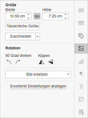 Dialogfenster Bild-Einstellungen in der rechten Seitenleiste