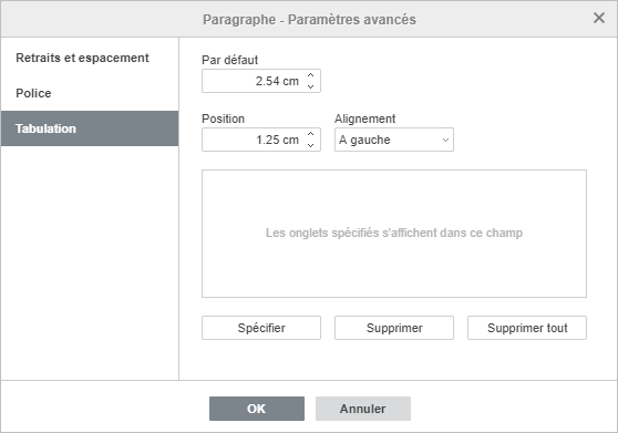 Paramètres du paragraphe - l'onglet Tabulation