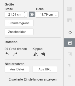 Dialogfenster Bildeinstellungen in der rechten Seitenleiste