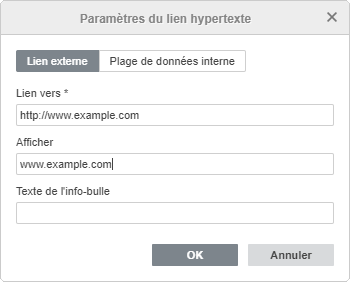 Fenêtre Paramètres de lien hypertexte