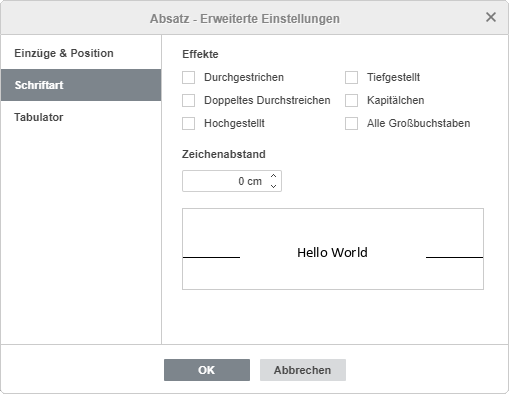 Absatzeigenschaften - Registerkarte Schriftart