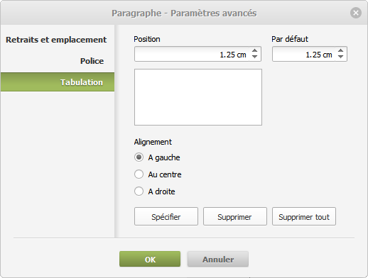 Paramètres du paragraphe - Tabulation