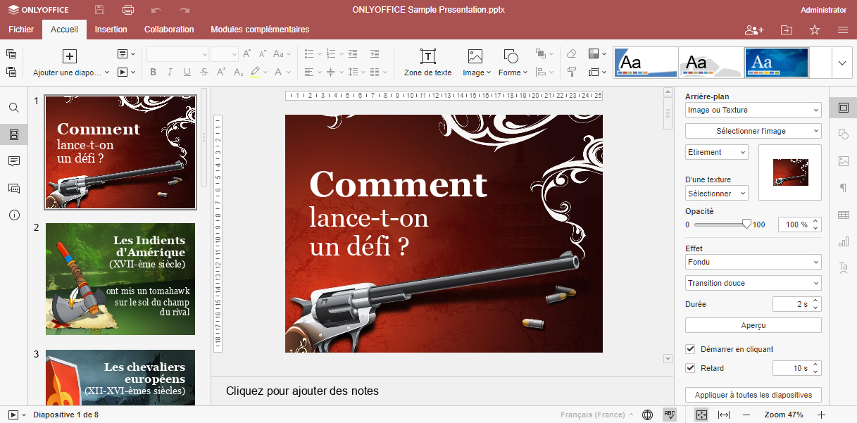 Fenêtre de l'éditeur en ligne Presentation Editor