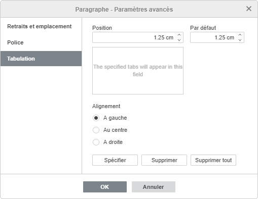 Paramètres du paragraphe - onglet Tabulation