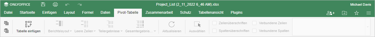 Registerkarte Pivot-Tabelle