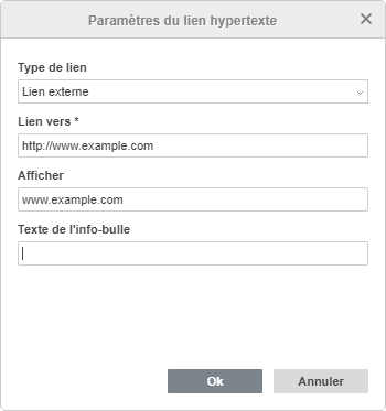 Fenêtre Paramètres du lien hypertexte