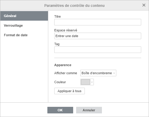 Fenêtre des Paramètres de contrôle du contenu - Général