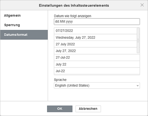 Date settings window