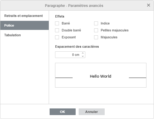 Paramètres du paragraphe - onglet Police